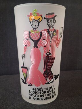 Vintage MCM 1950 1960s Gay Fad Nineties Bar Glass Here's To Us 12 Oz Tumbler
